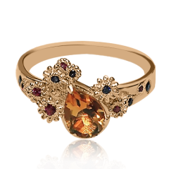 Золотое кольцо с рубинами, сапфирами и цитрином «Звездная ночь»