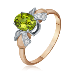 Роскошный зеленый камень хризолит в кольце из белого и красного золота 585 пробы