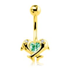 Золотой пирсинг с зеленым аметистом и бриллиантами «Дельфины»
