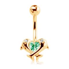 Золотий пірсинг з зеленим аметистом і діамантами «Дельфіни»
