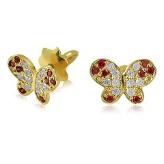 Золоті сережки-пусети з гранатами і фіанітами «Ніжні метелики»